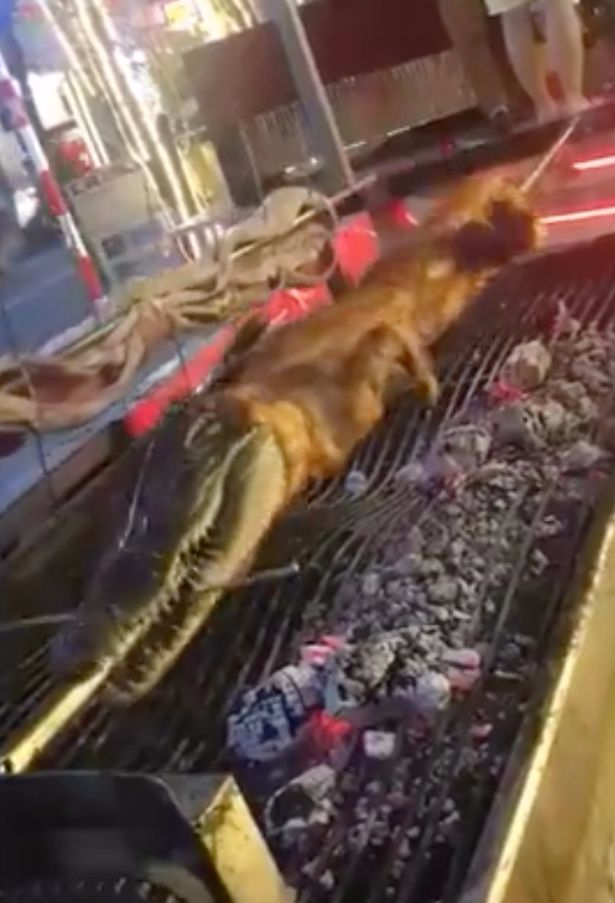 反胃!泰国小贩当街用剥皮鳄鱼和蛇做烤肉