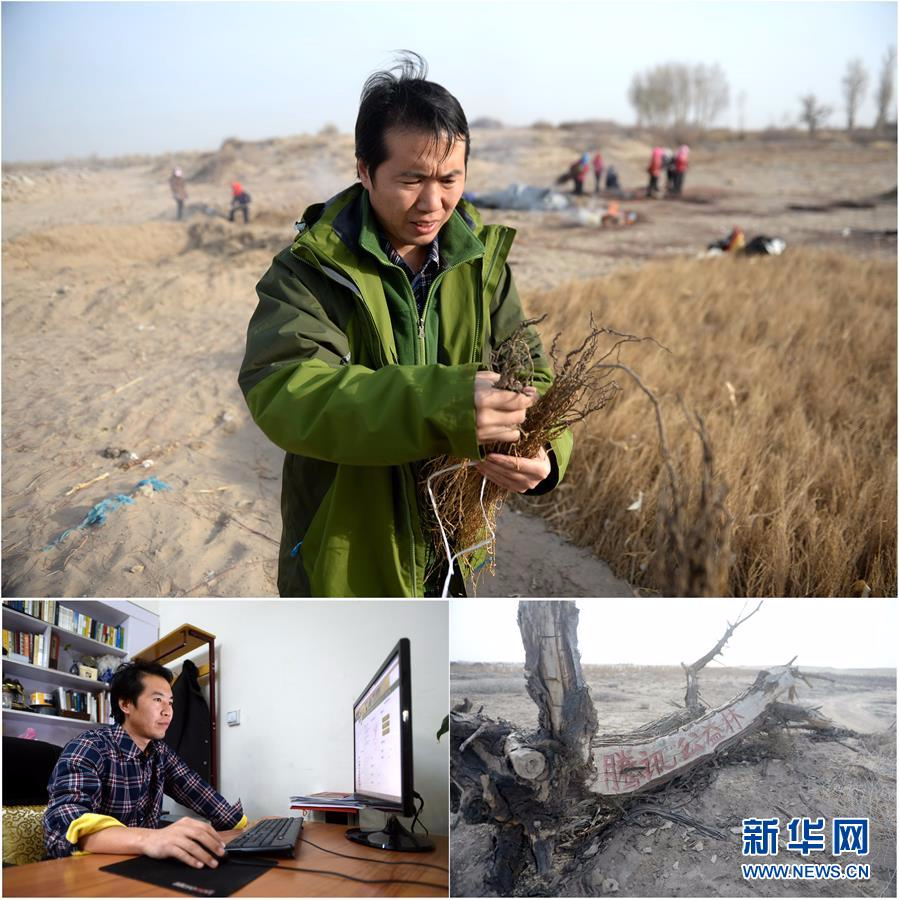 马俊河在甘肃省民勤县的家中维护"拯救民勤网"网站(2014年2月27日摄)