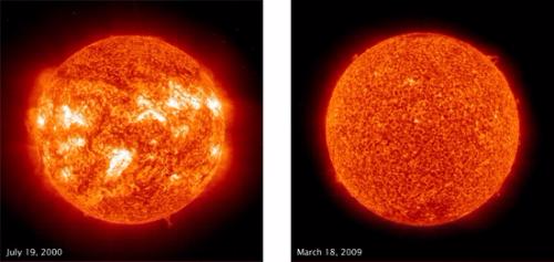 2000年(左)和2009年(右)的太阳紫外线图像。(图片来源：NASA)