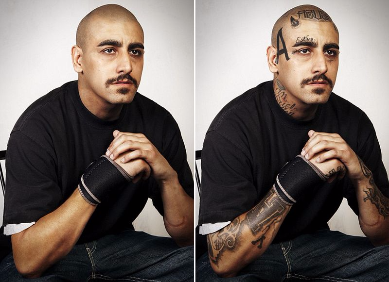 英摄影师拍美帮派成员纹身前后对比图